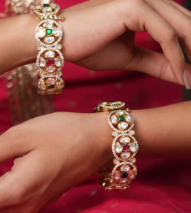 Uncut Diamond Red Green Polki Moissanite Thick Kada | Openable