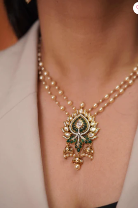 Sindhoori Moissanite Polki Necklace Set With Earrings | Pendant Set - Image 2